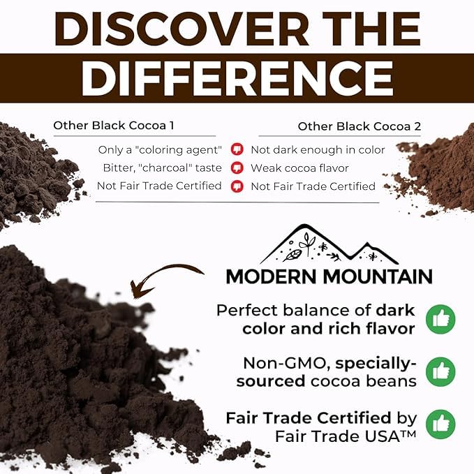 Modern Mountain Black Cocoa Powder Fair Trade certified, supporting sustainable cocoa farming.