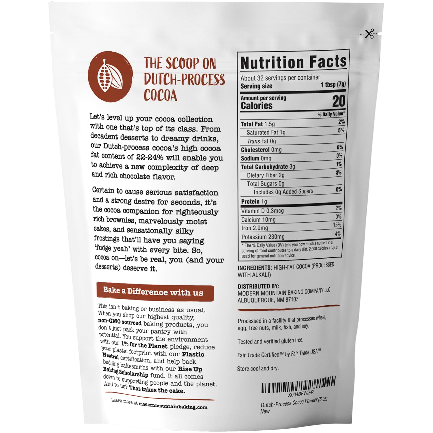 Modern Mountain Cocoa Powder bag back label with non-GMO and fair trade info.