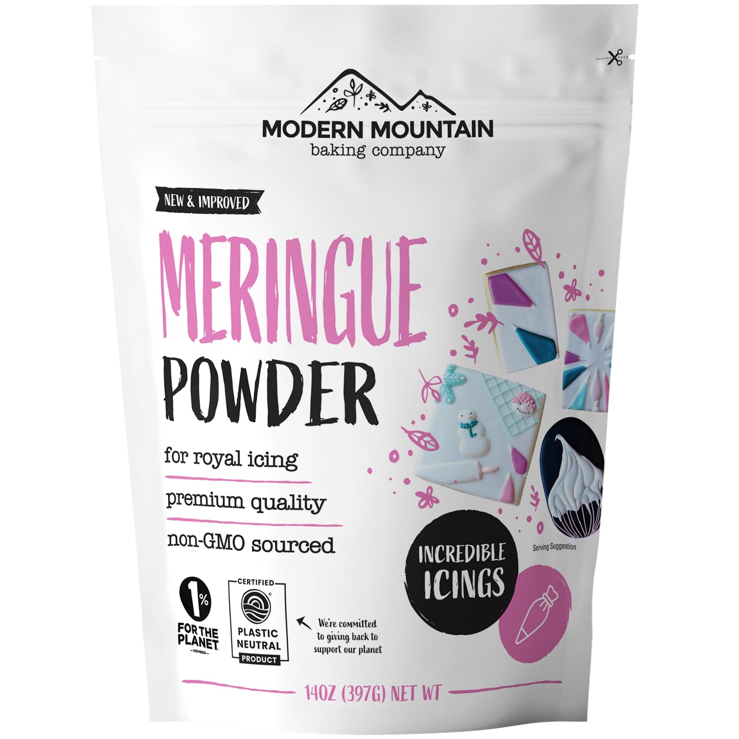 Modern Mountain Meringue Powder packaging shows premium gluten-free ingredients.