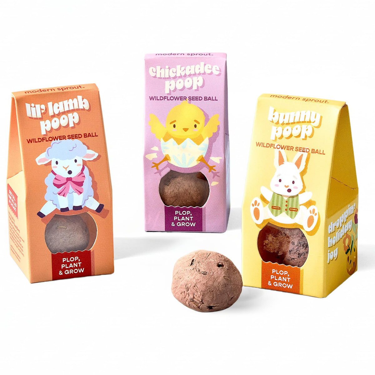 Modern Sprout Seed Ball Poops bunny design for playful spring planting.