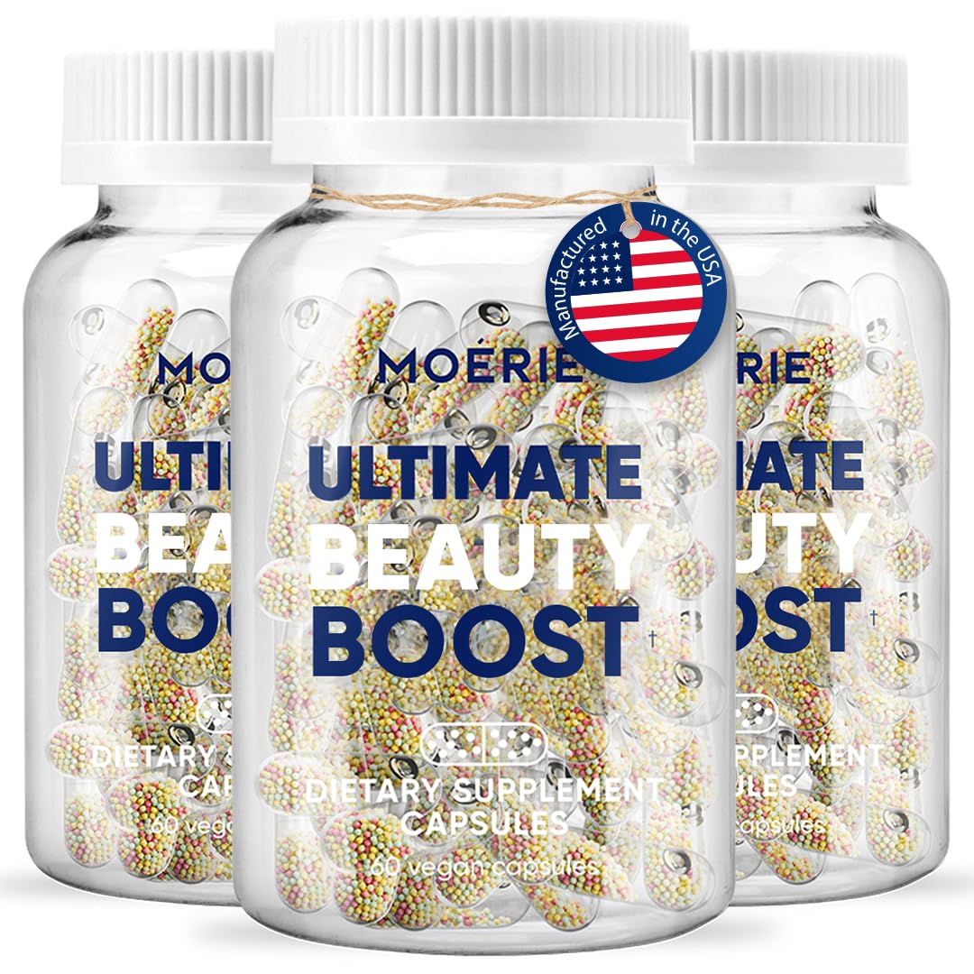 Moerie hair growth supplement bottle promotes scalp health and hair vitality.