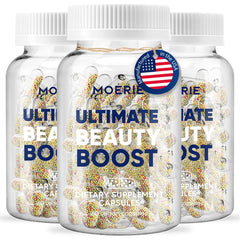 Moerie hair growth supplement bottle promotes scalp health and hair vitality.