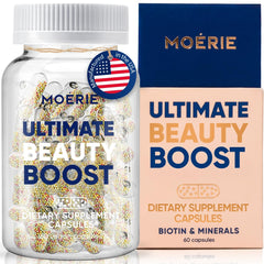 Moerie Ultimate Hair Growth Supplements bottle with capsules for hair, skin and nails support.