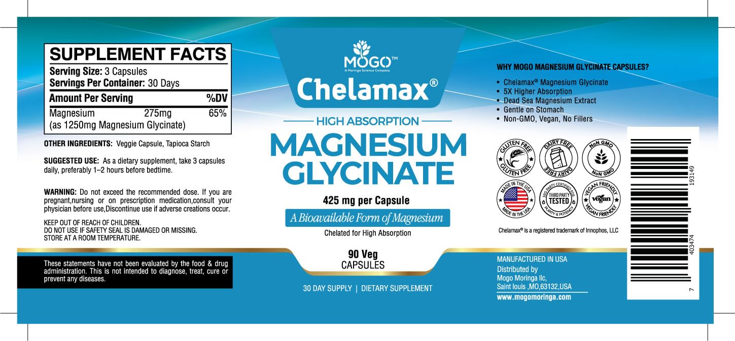 Mogo Chelamax label-closeup highlights third-party tested purity and USA production.