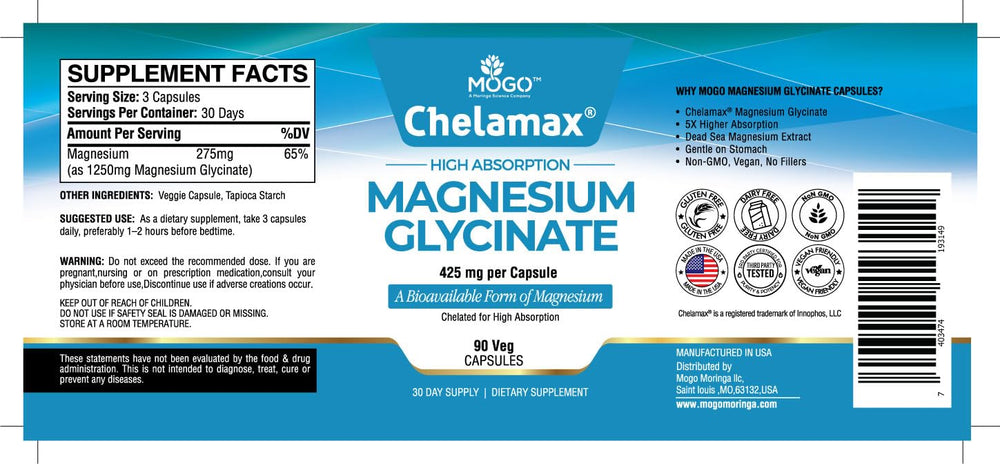 Mogo Chelamax label-closeup highlights third-party tested purity and USA production.