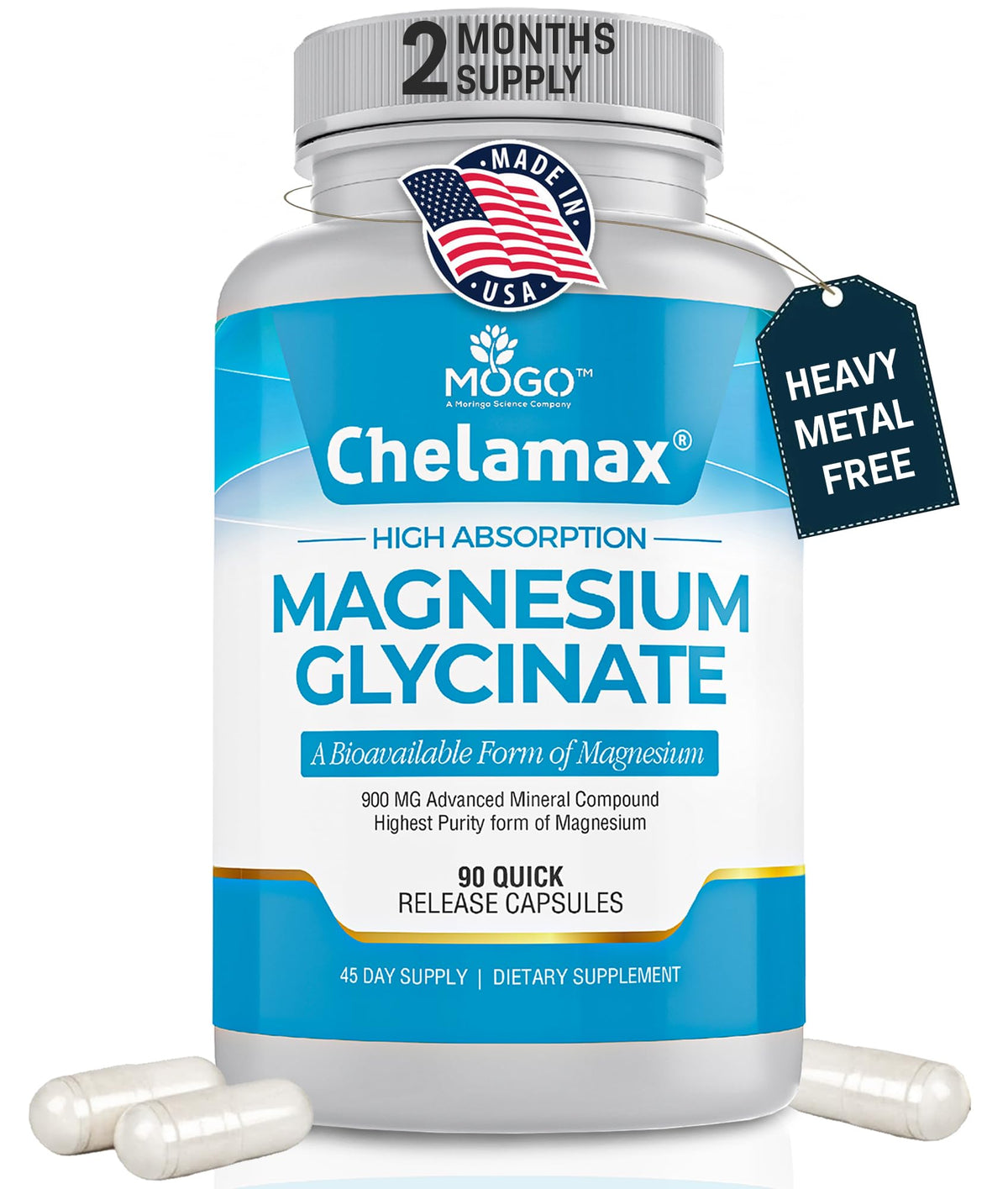 Mogo Chelamax magnesium glycinate capsules in a bottle-front-label view for daily wellness support.