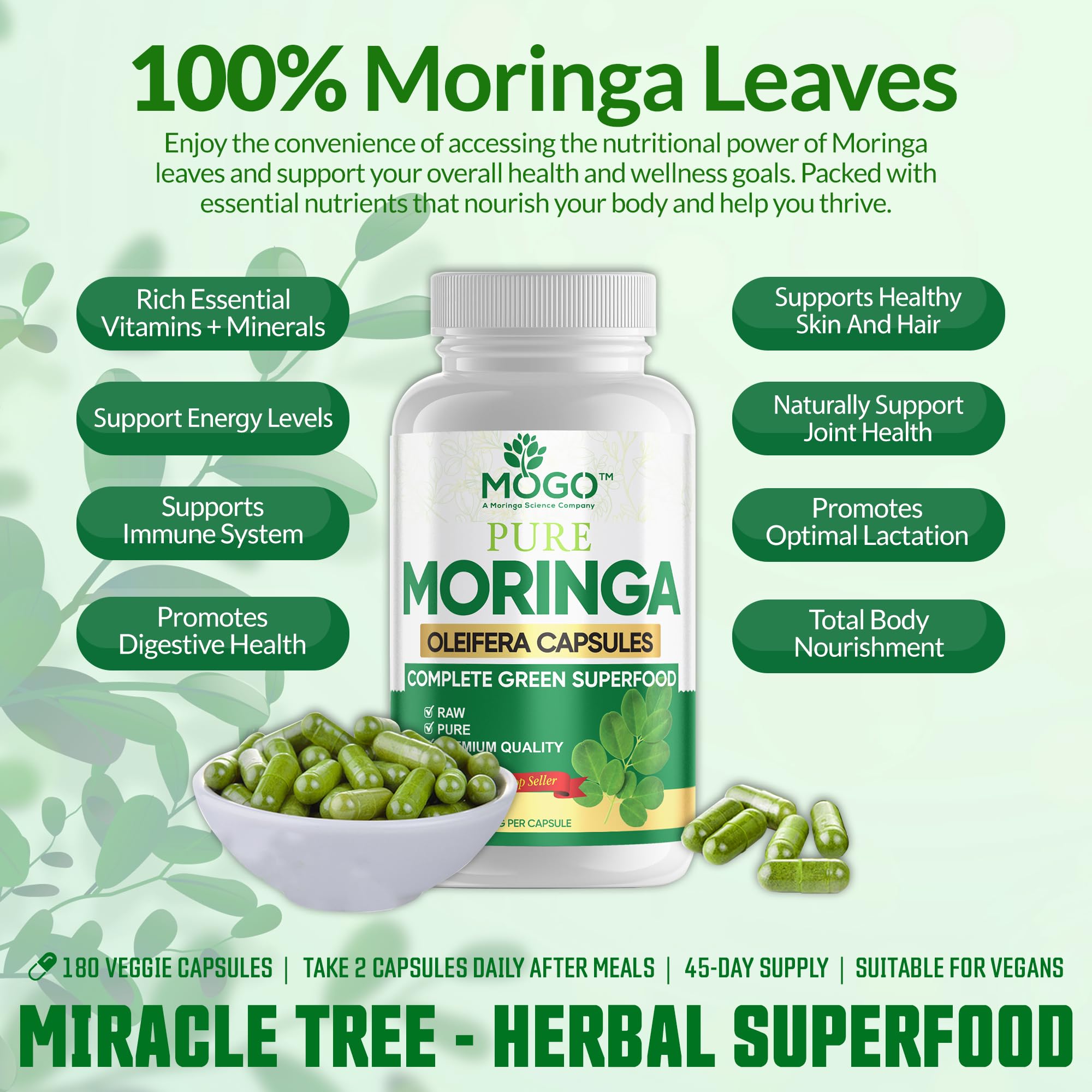 Close-up of MOGO Moringa capsules powder-green essence emphasizing pure moringa leaf powder