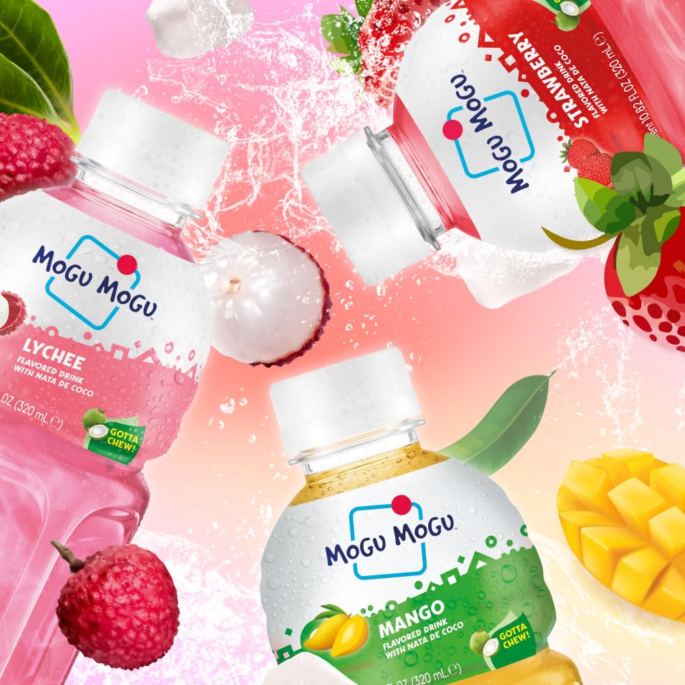 Mogu Mogu Strawberry Mango flavor juice bottle, vibrant and fruity.
