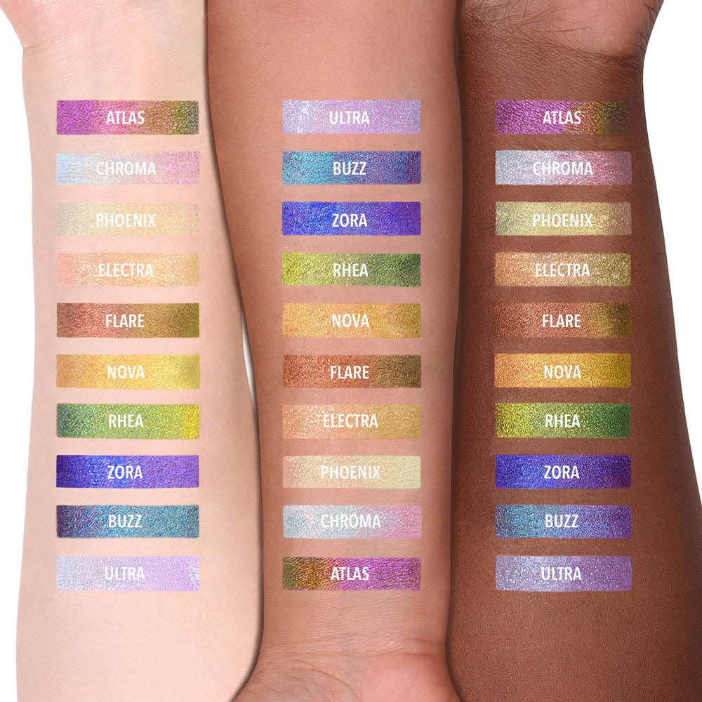 Moira Supernova Multichrome Gel Liner Buzz swatches show vibrant duochrome payoff.