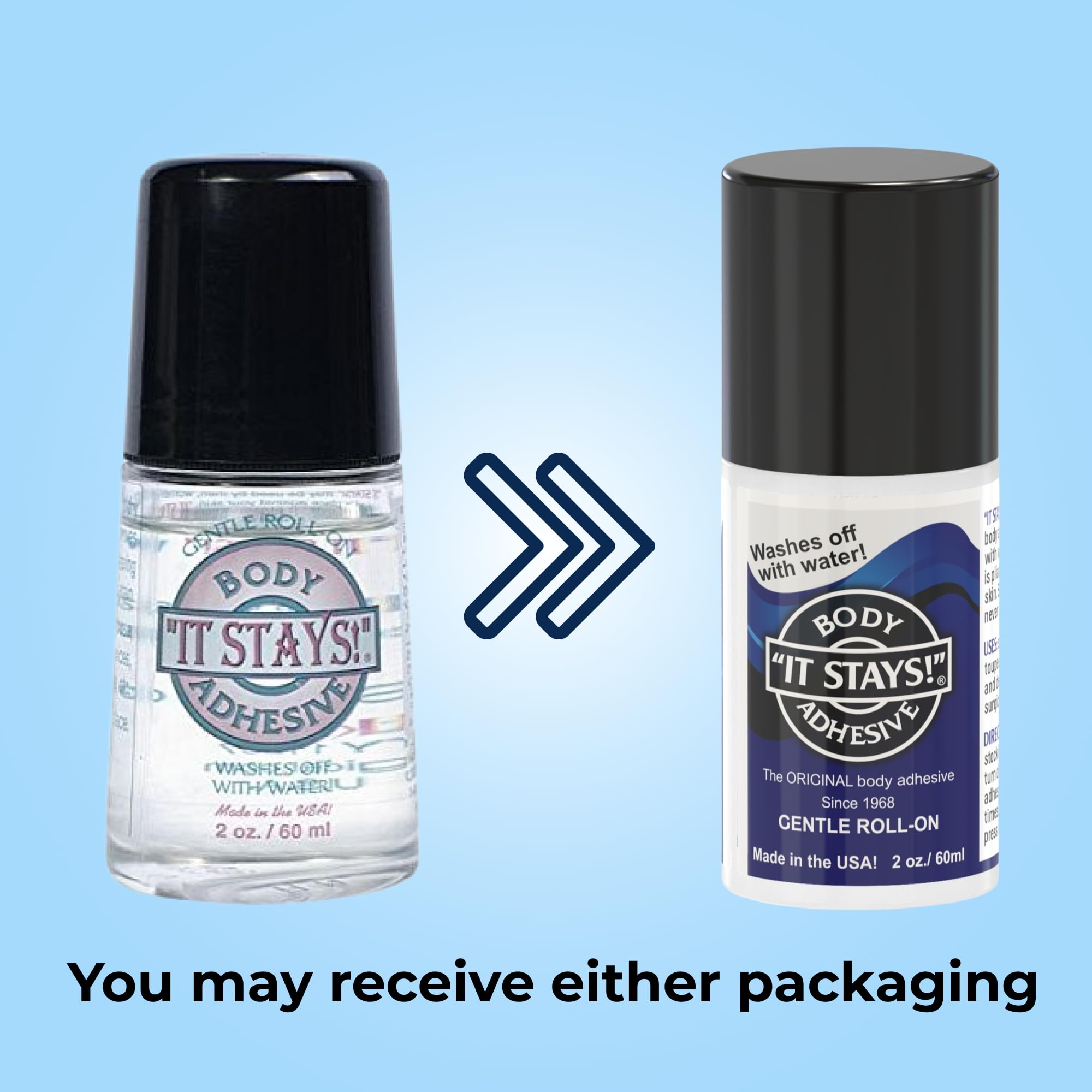 Mojo It Stays Roll-On applicator demonstrates easy, quick adhesion.