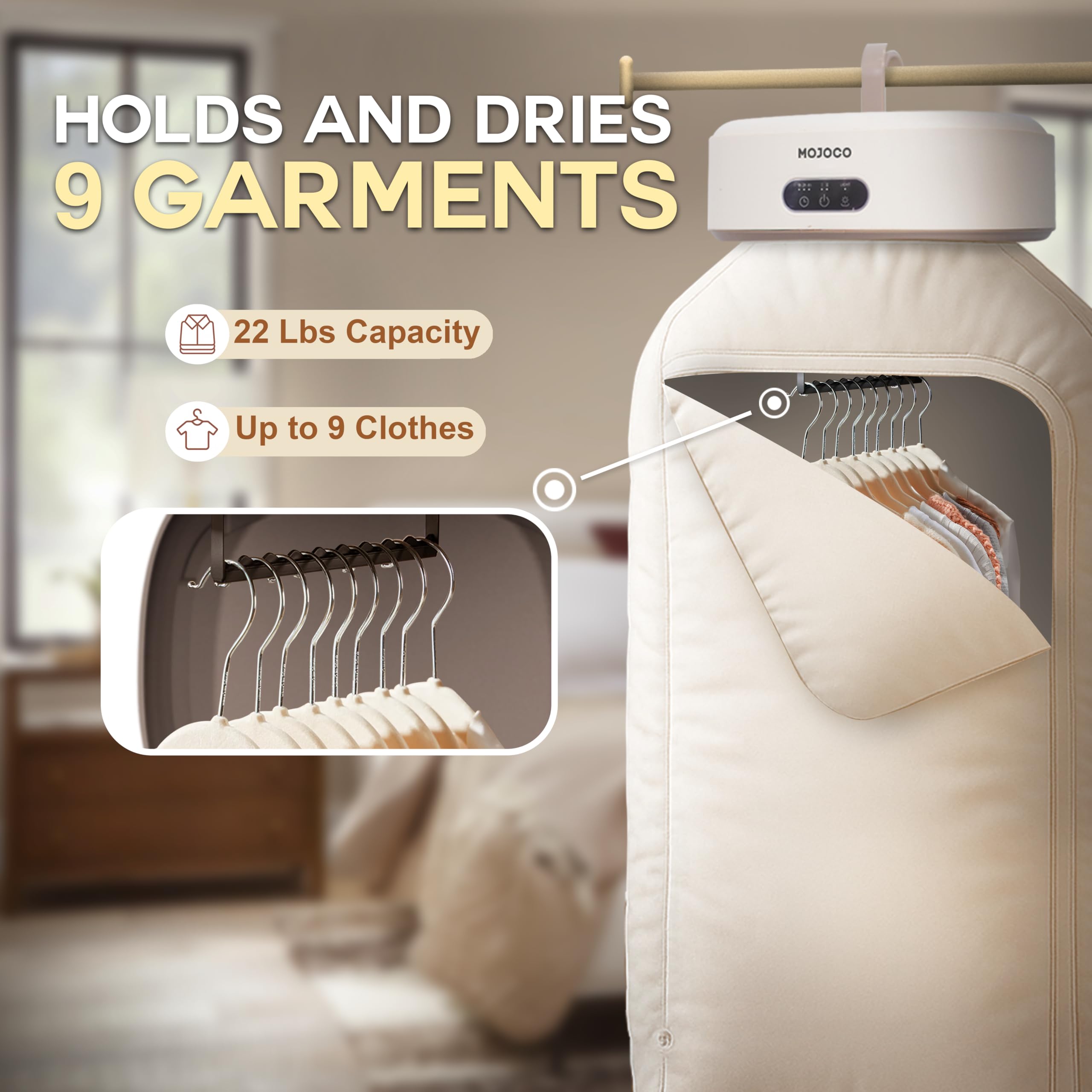 MOJOCO unit operates quietly with a timer for peaceful laundry