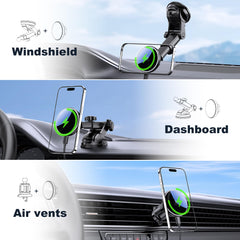 MOKPR 3-in-1 magnetic holder adapts to vents, dashboards, and windshields.