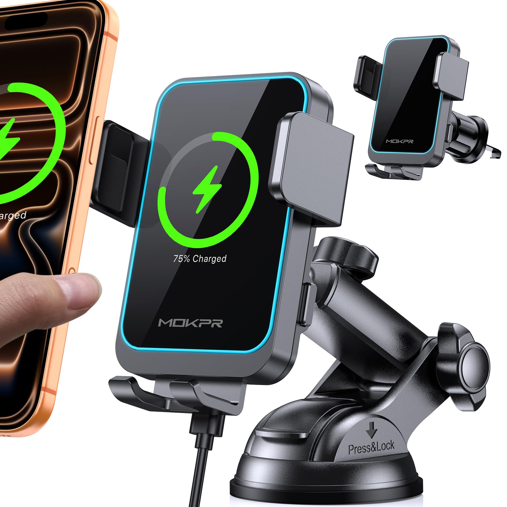 MOKPR auto-clamping wireless car charger secures your phone during driving.