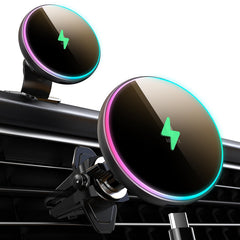 MOKPR MagSafe car mount with LED backlight for easy nighttime docking.