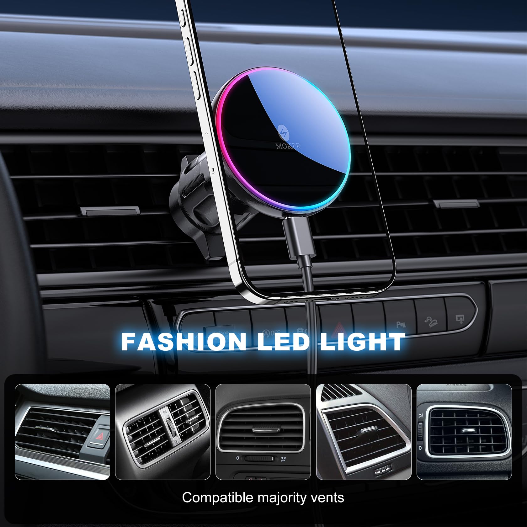 MOKPR magnetic car charger works with MagSafe compatible cases.