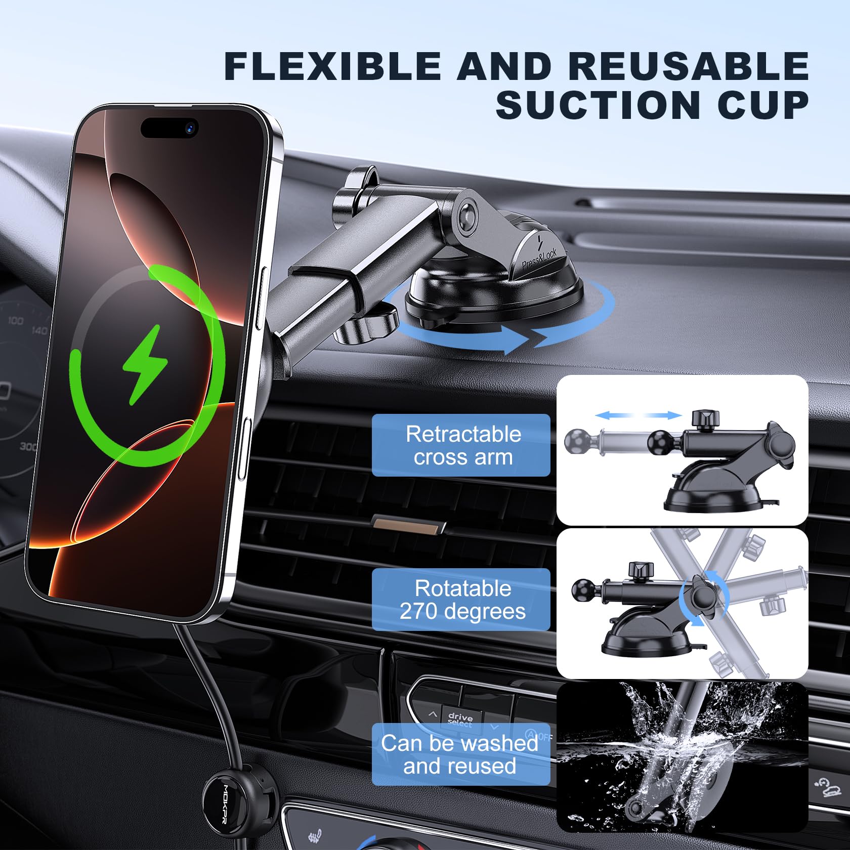 MOKPR strong magnets hold your phone firmly on rough roads.