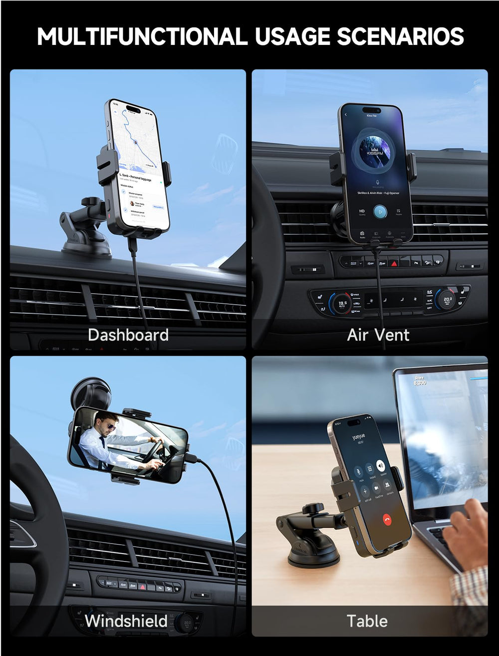 MOKPR wireless car charger shows 360-degree rotation for flexible viewing angles