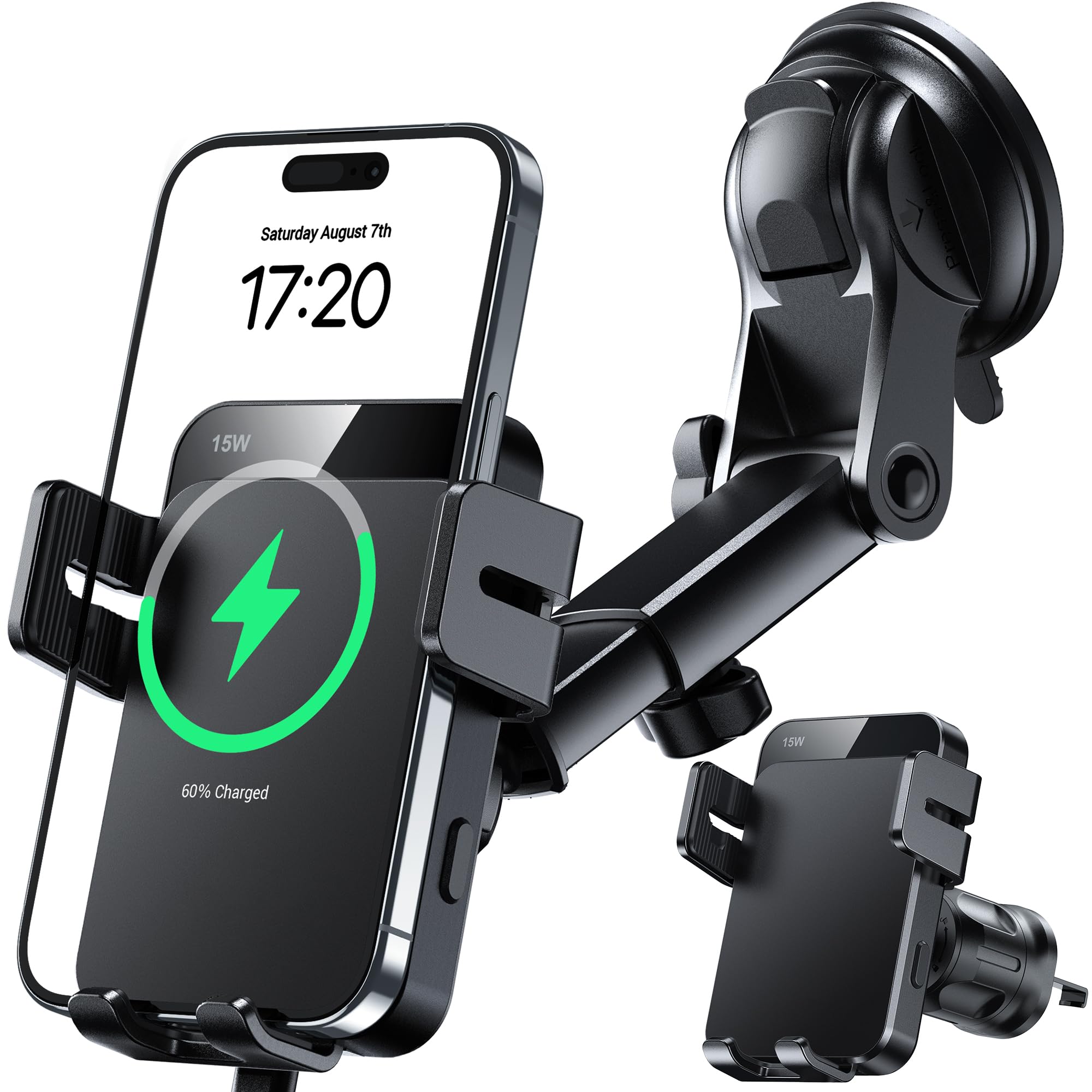MOKPR wireless car charger with 3in1 installation on windshield, dashboard, or vent for versatile mounting