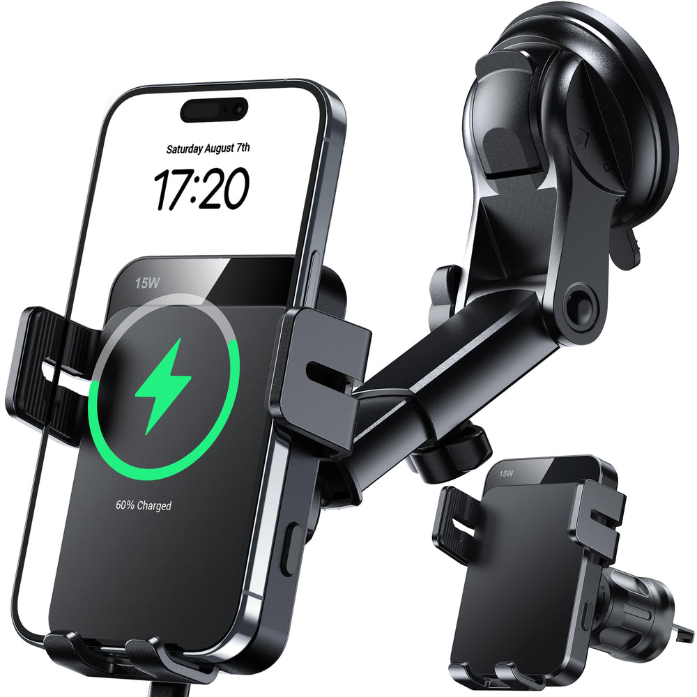 MOKPR wireless car charger with 3in1 installation on windshield, dashboard, or vent for versatile mounting