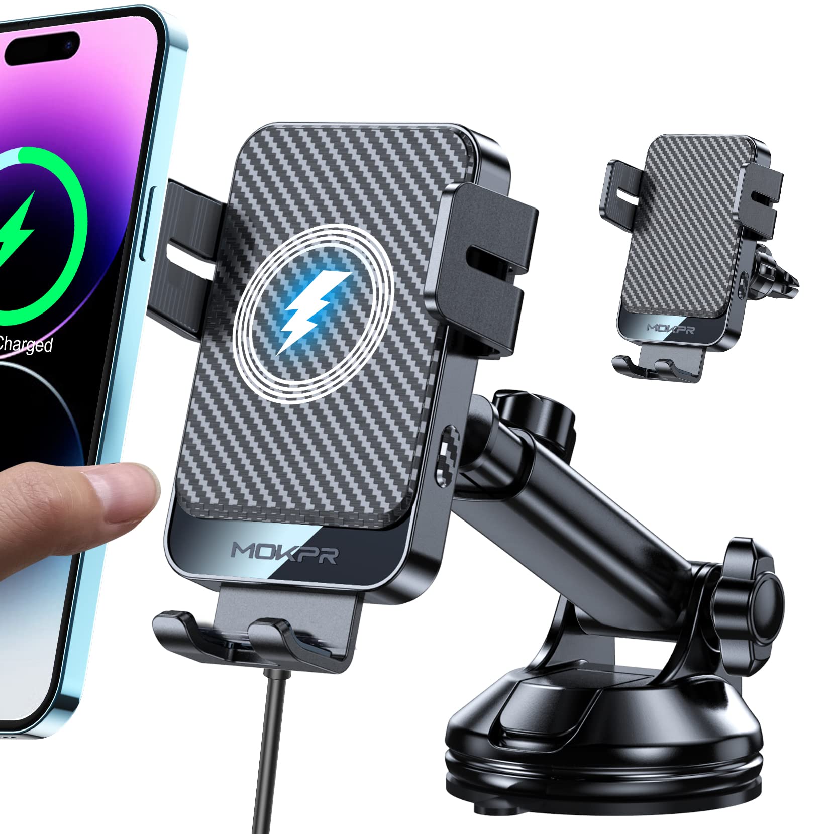 MOKPR auto-clamp on dash ensures stable hands-free charging