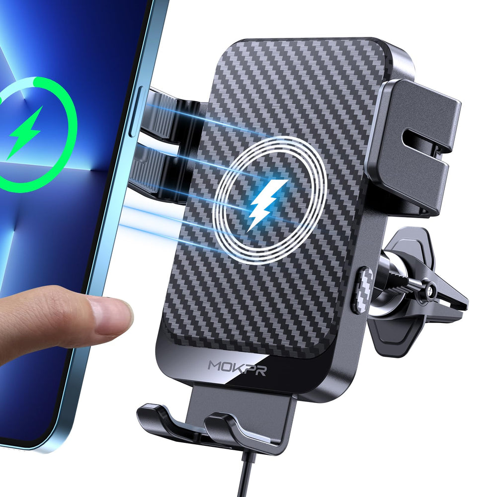 MOKPR wireless car charger with auto-clamping shown from the front for secure charging