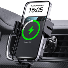MOKPR vent clip wireless car charger secures your phone on bumpy roads.