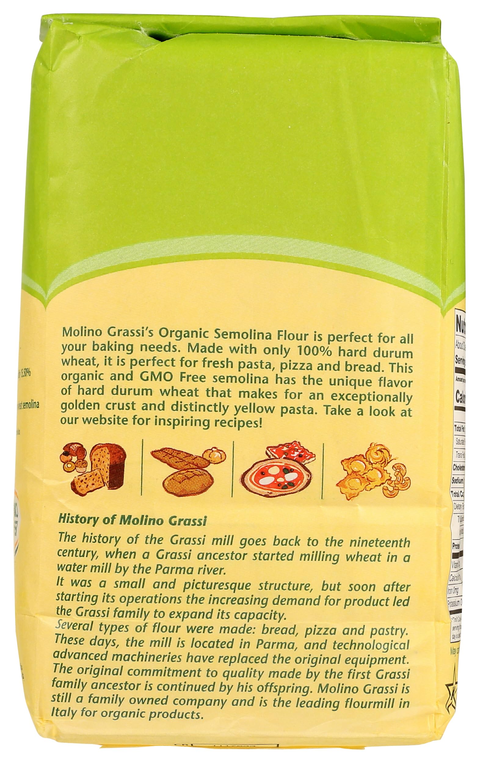 Molino Grassi Organic Semolina Flour pizza crust shot, showcasing crisp, flavorful bases.
