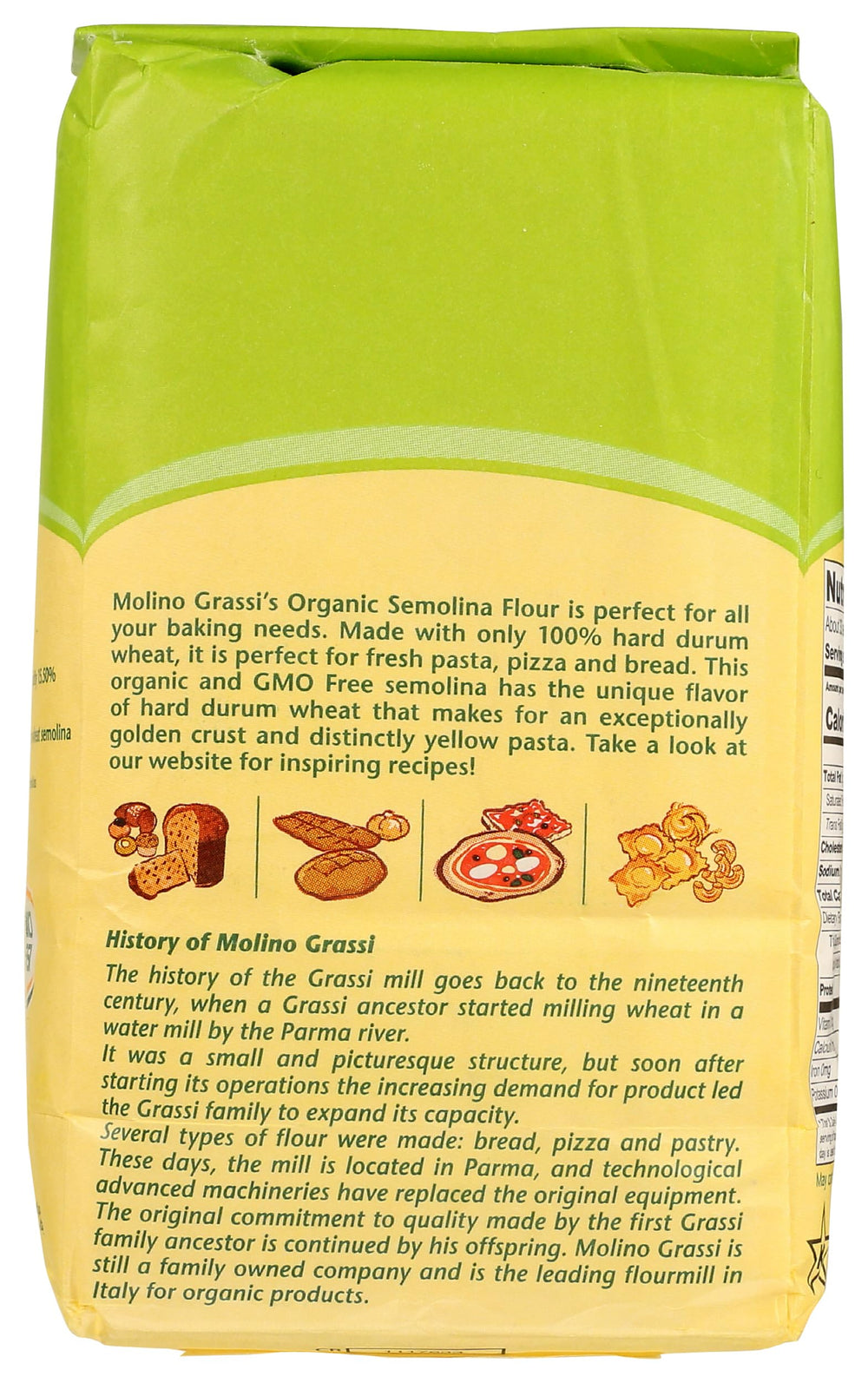 Molino Grassi Organic Semolina Flour pizza crust shot, showcasing crisp, flavorful bases.