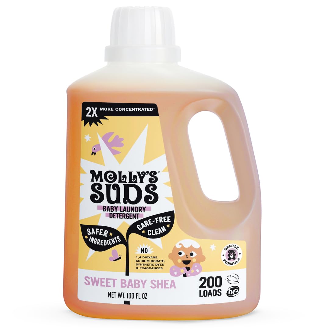 Molly's Suds Baby Liquid Detergent bottle front, gentle formula for delicate baby fabrics.