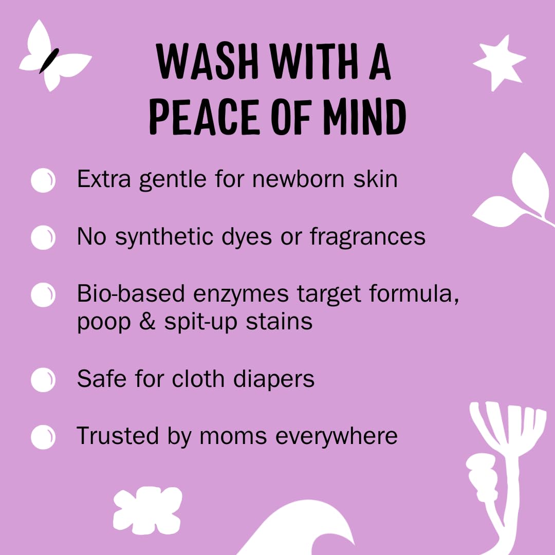 Molly's Suds Baby Liquid Detergent pour showing stain-fighting enzymes for baby stains.