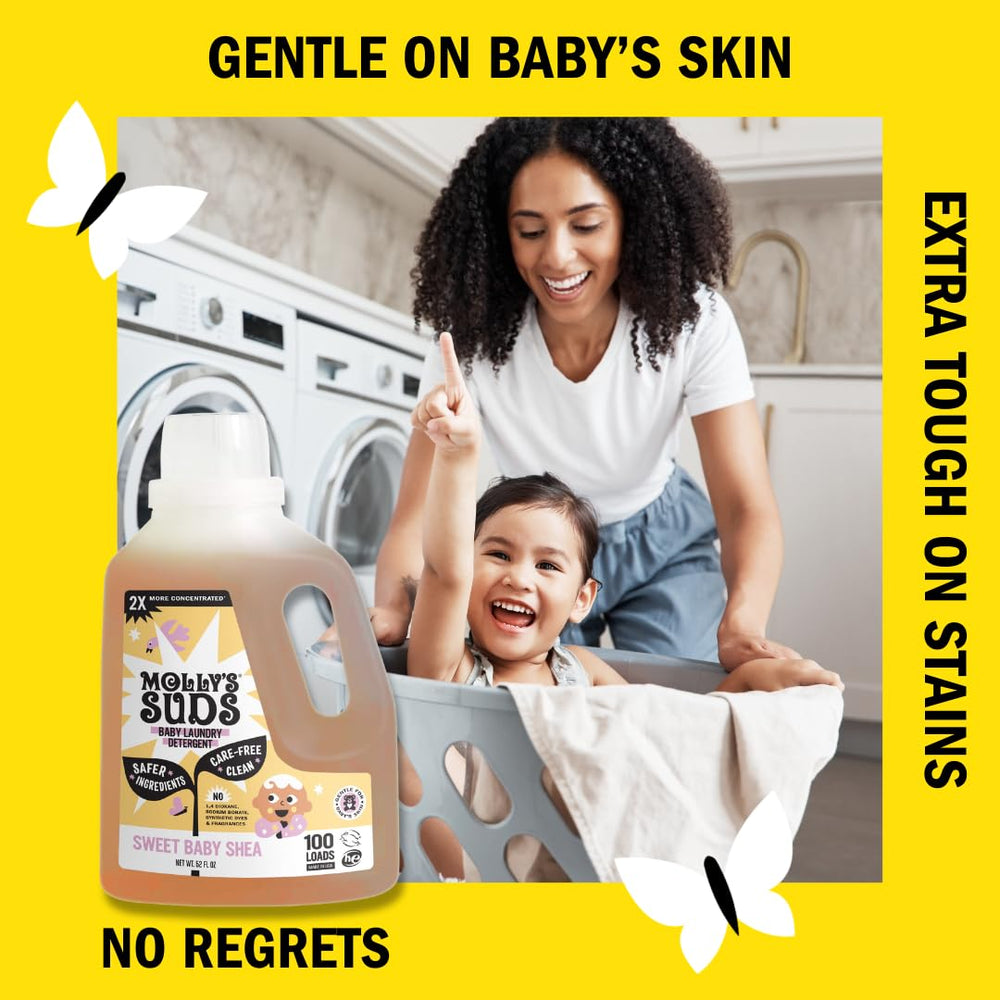 Molly's Suds label closeup, free of dyes and artificial fragrances for baby skin.