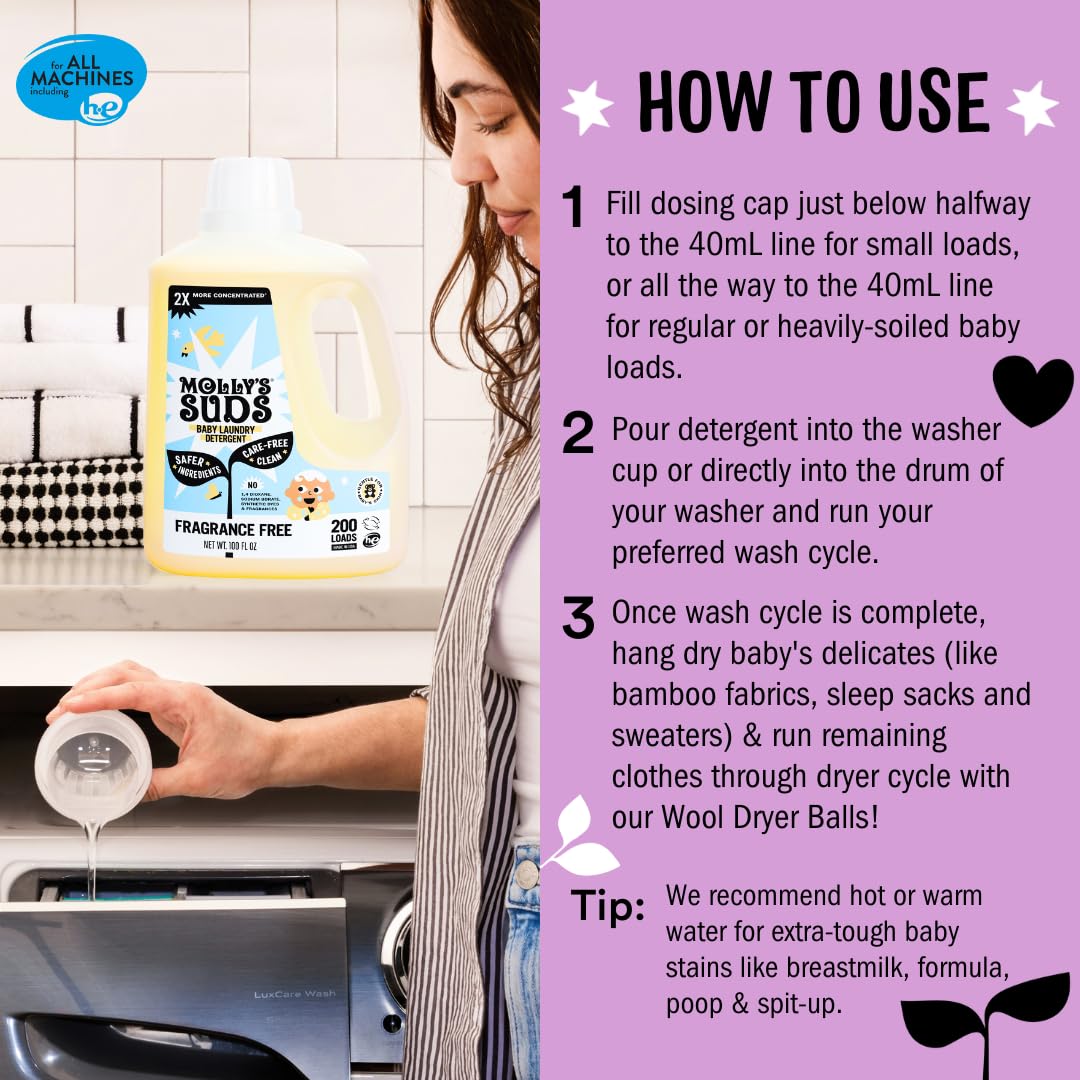 Molly's Suds newborn clothes image showing ultra gentle formula protecting fabrics.