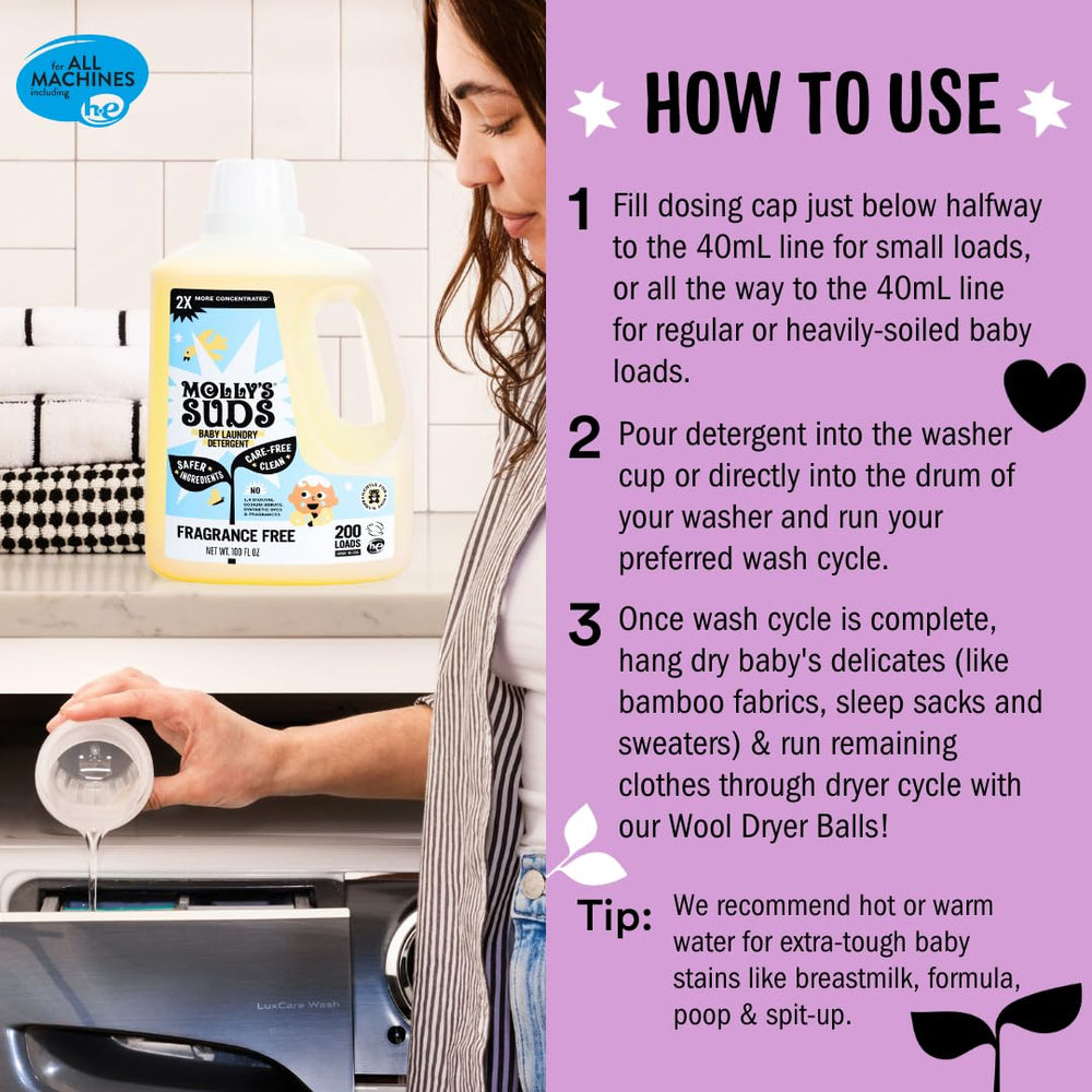 Molly's Suds newborn clothes image showing ultra gentle formula protecting fabrics.