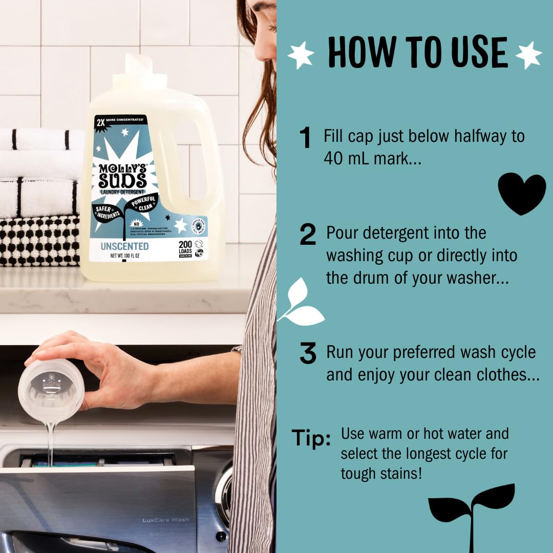 Molly's Suds bottle pictured with clean laundry in septic-safe, hard water environment.