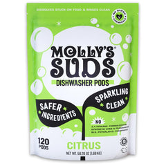 Molly’s Suds citrus dishwasher pods in box for residue-free, sparkling dishes.