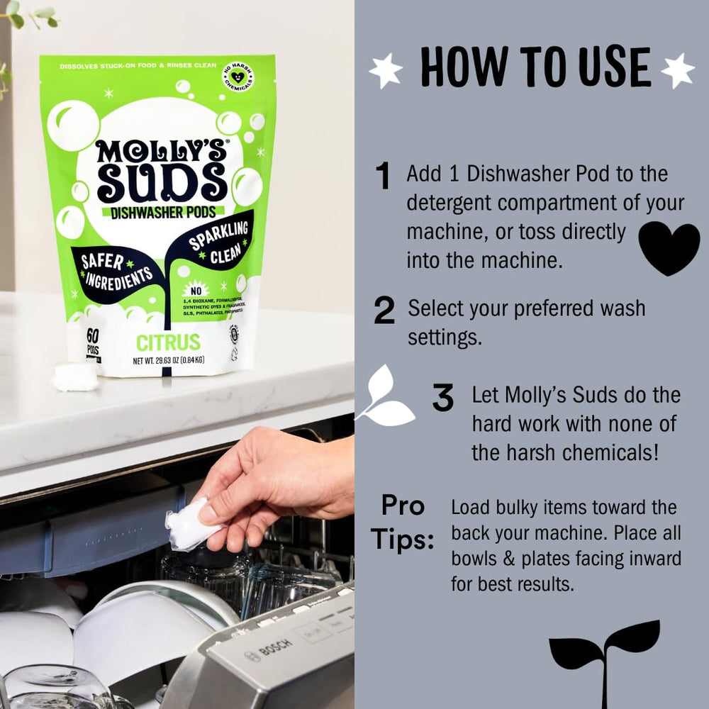 Molly's Suds Dishwasher Pods use enzymes to dissolve food and grease gently.