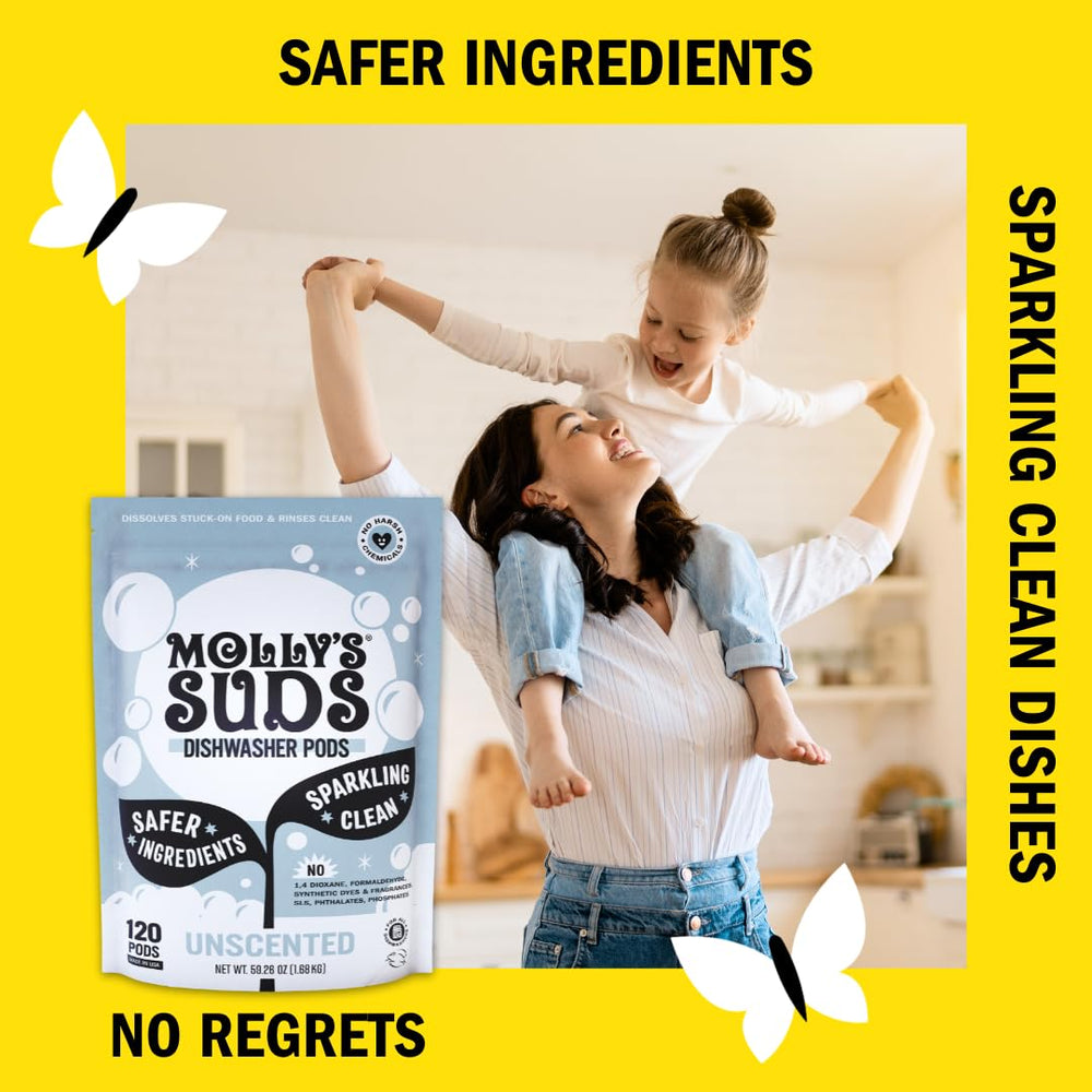 Molly's Suds Dishwasher Pods provide a residue-free rinse for sparkling results.