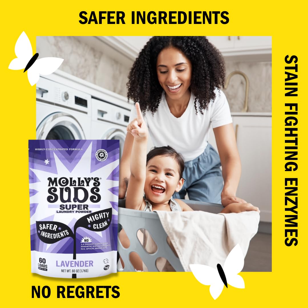 Laundry load in washer with Molly's Suds Lavender powder for residue-free clothes.