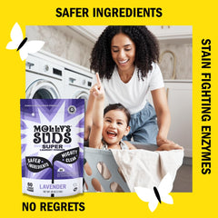 Laundry load in washer with Molly's Suds Lavender powder for residue-free clothes.