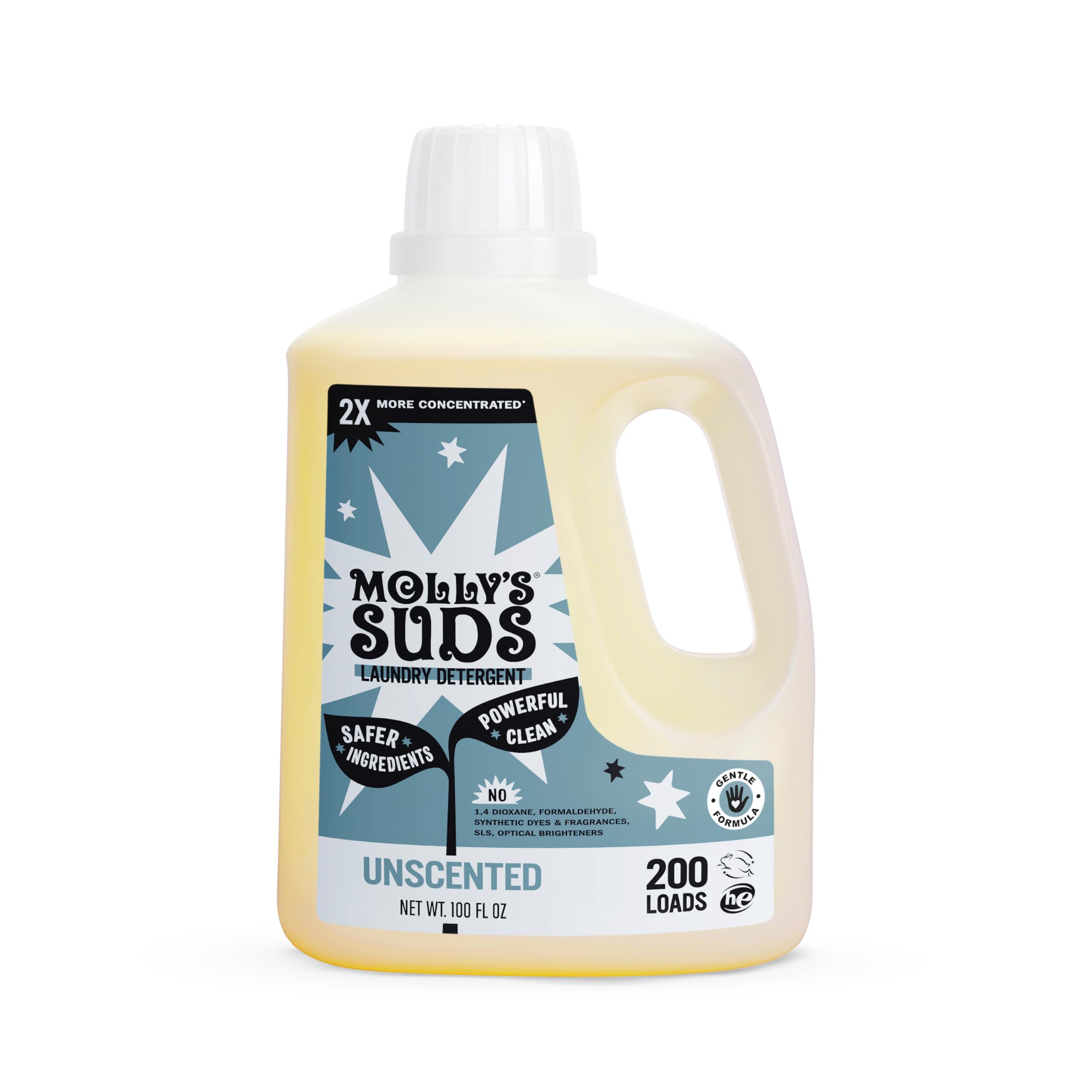 Molly's Suds liquid detergent bottle highlighting gentle, fragrance-free care for sensitive skin.