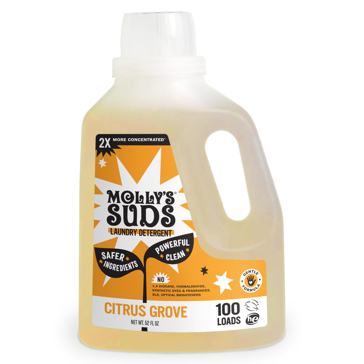 Molly's Suds Citrus Grove bottle shows 52 oz for gentle, effective laundry