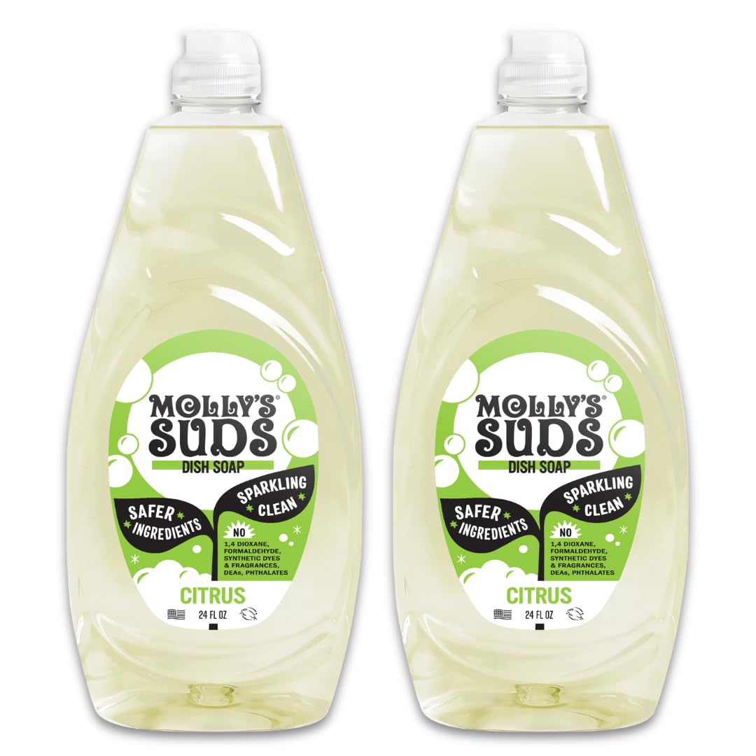 Molly's Suds citrus-scent dish soap bottle with refreshing aroma for kitchen cleaning.
