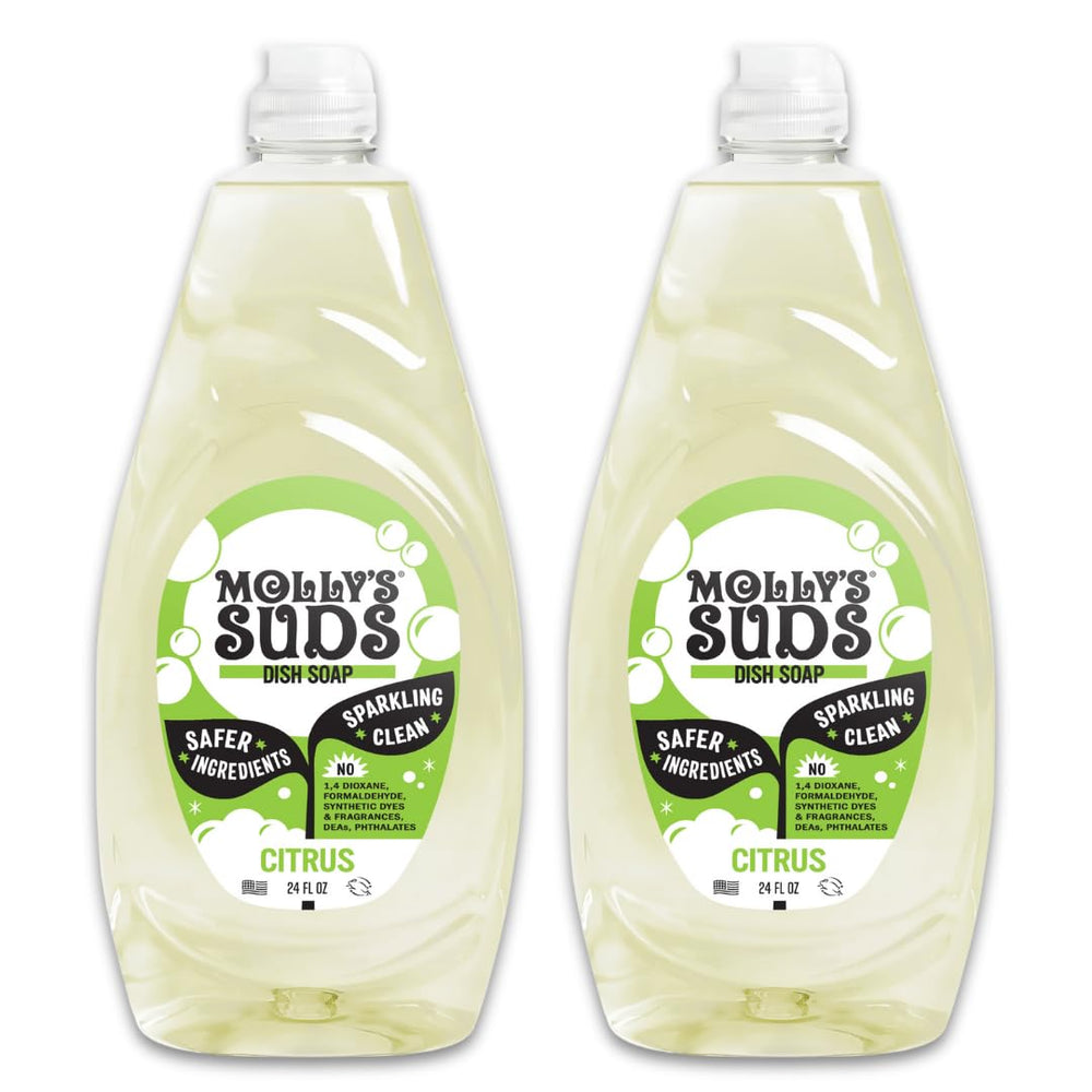 Molly's Suds citrus-scent dish soap bottle with refreshing aroma for kitchen cleaning.