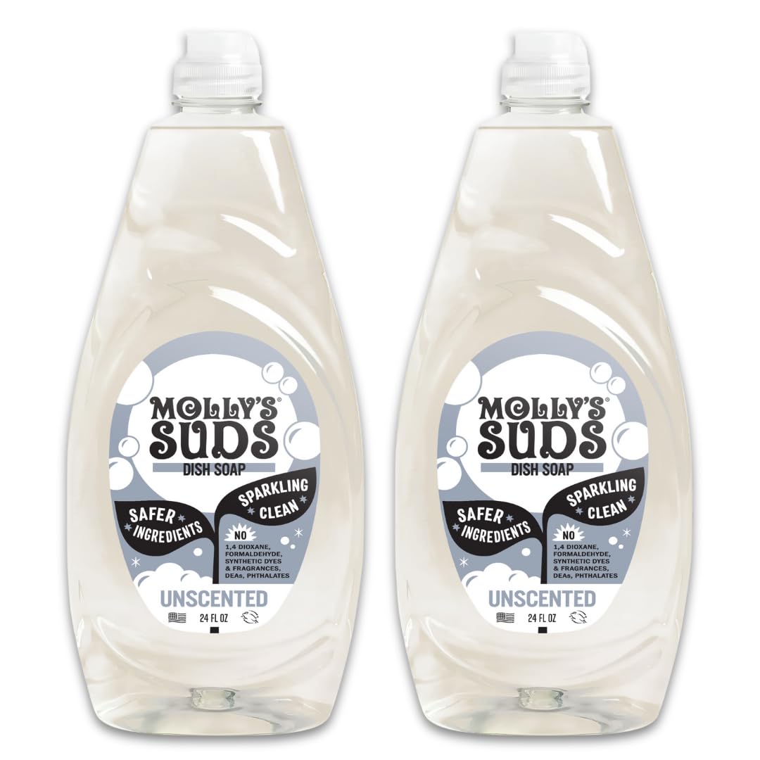 Molly's Suds liquid dish soap bottle with unscented formula safe for sensitive skin.