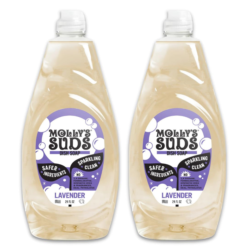 Molly's Suds Lavender bottle delivering grease-cutting power for sparkling dishes.