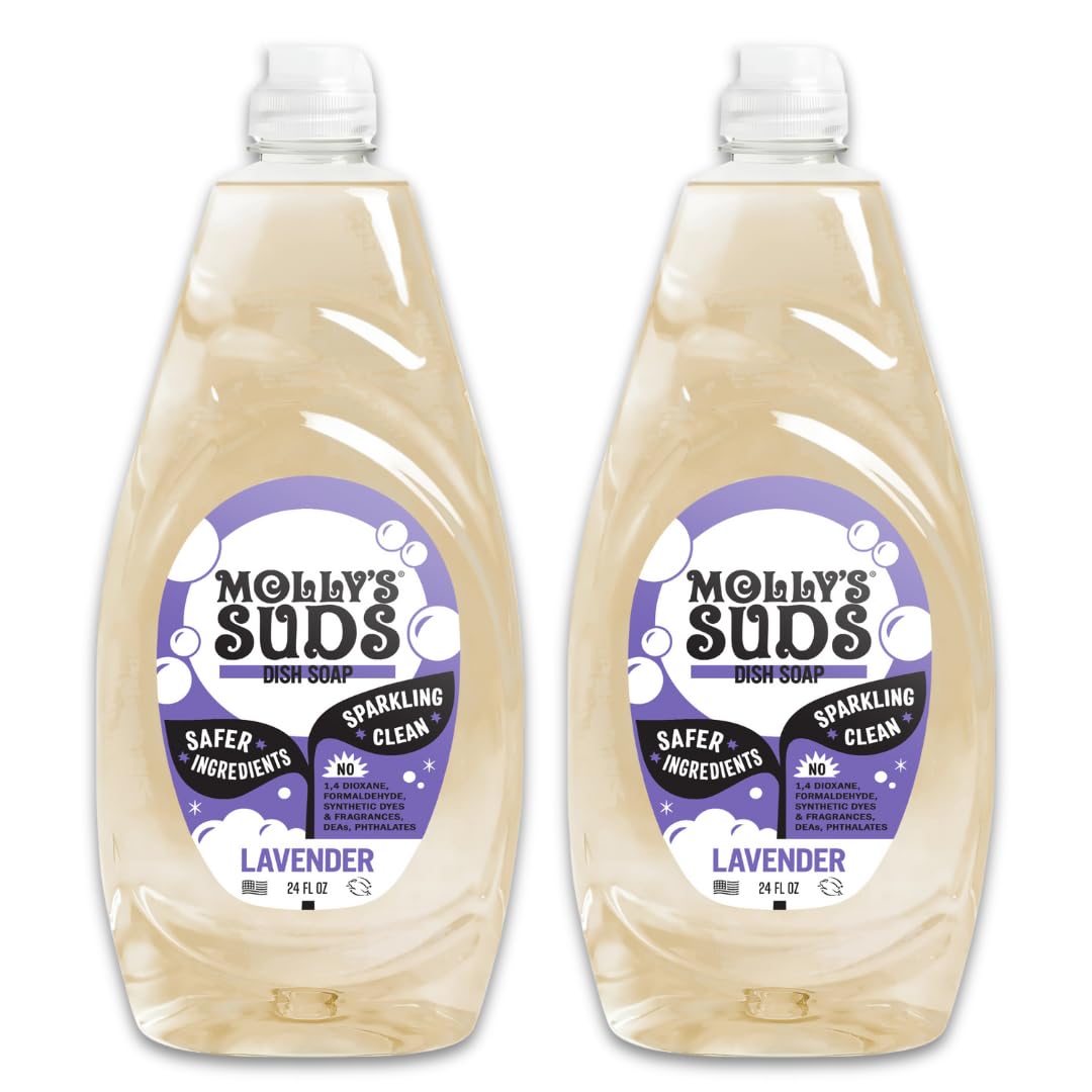 Molly's Suds Lavender bottle delivering grease-cutting power for sparkling dishes.