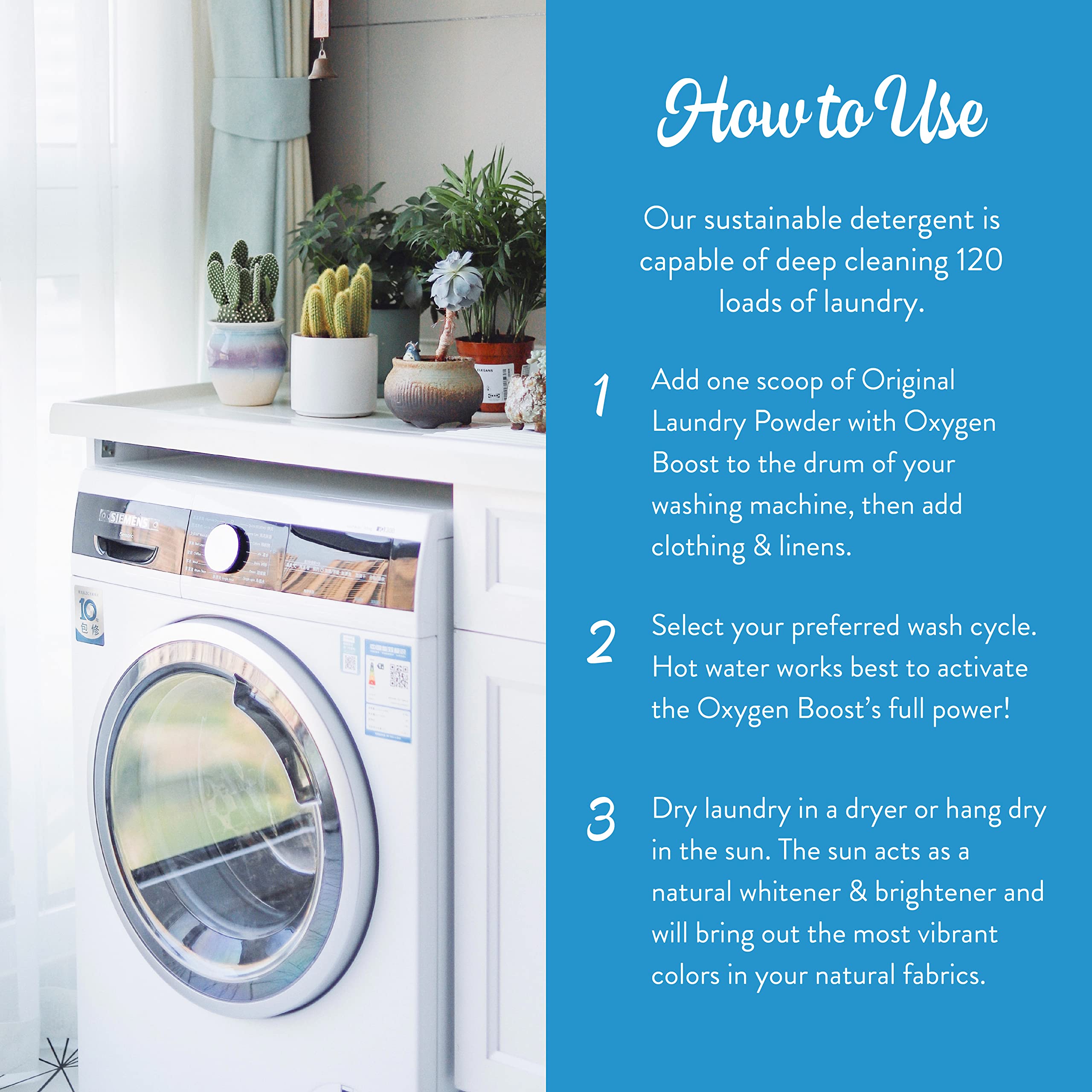 Molly's Suds original powder jar demonstrates 2-in-1 cleaning and scent in a single load.