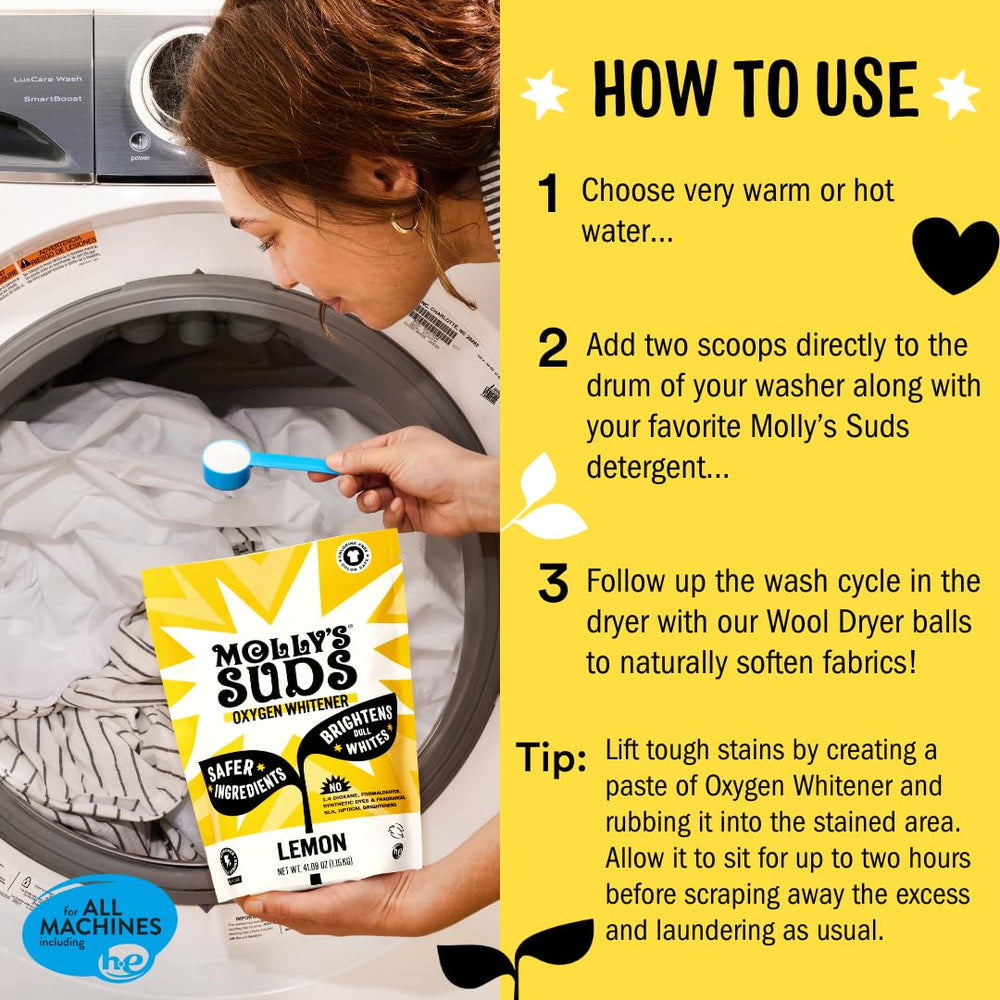 Molly's Suds Oxygen Whitener measuring scoop demonstrates easy dosing for laundry boosts.