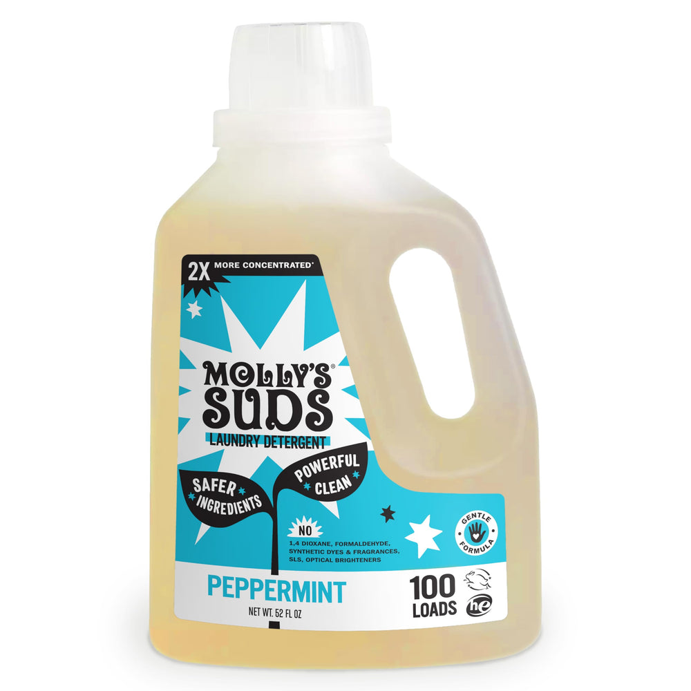 Molly's Suds Peppermint liquid detergent bottle with plant-based formula for sensitive skin.
