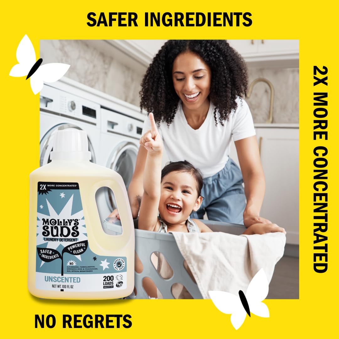 Molly's Suds unscented formula label emphasizes fragrance-free, skin-friendly cleaning.